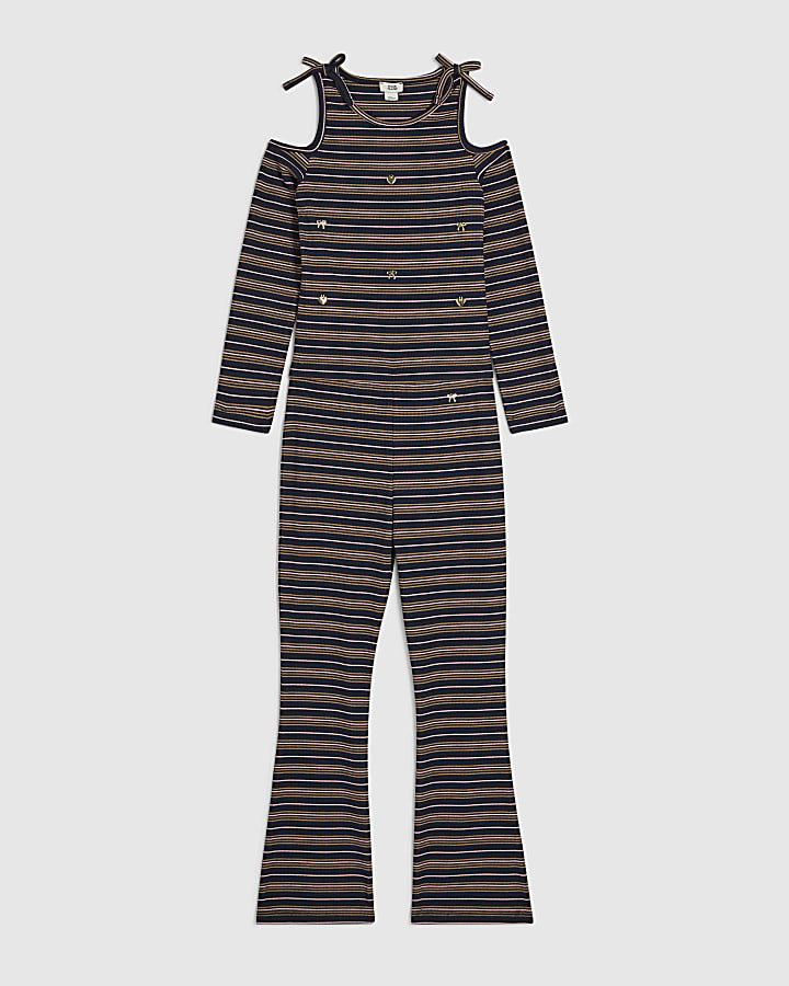 Girls Navy Cold Shoulder Top Stripe Set