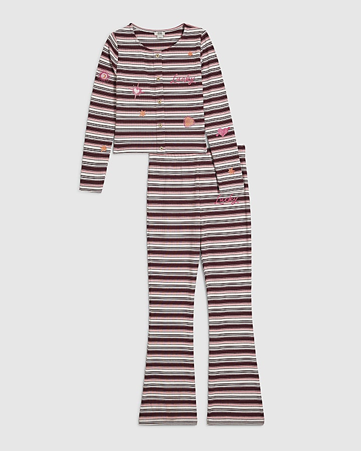 Girls Pink Icon Stripe Button Through Top Set