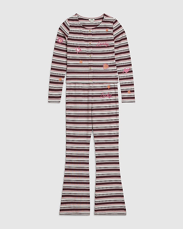 Girls Pink Icon Stripe Button Through Top Set