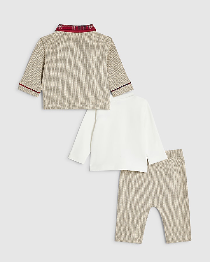 Baby Boys Beige Herringbone 3 Piece Set