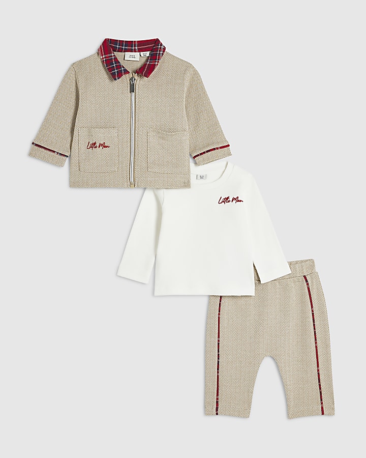 Baby Boys Beige Herringbone 3 Piece Set