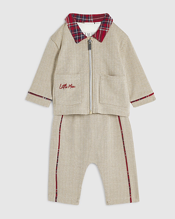 Baby Boys Beige Herringbone 3 Piece Set