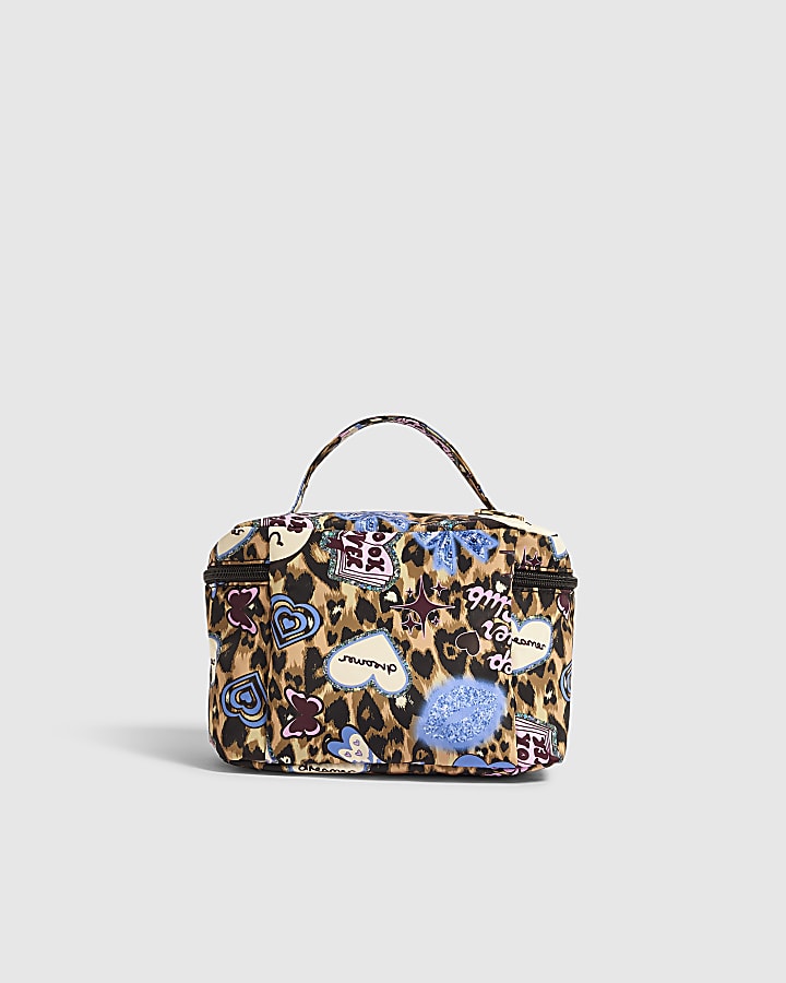 Girls Brown Leopard Graffiti Print Vanity Bag