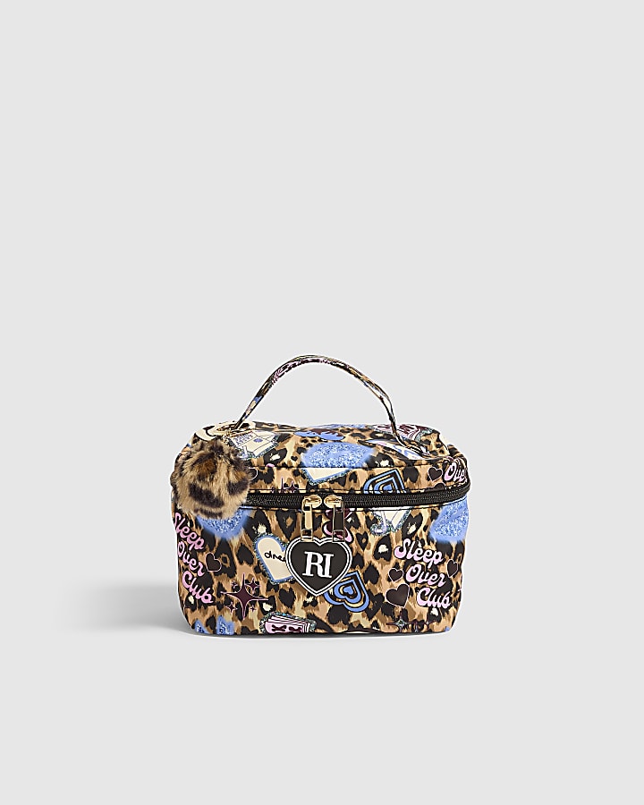 Girls Brown Leopard Graffiti Print Vanity Bag