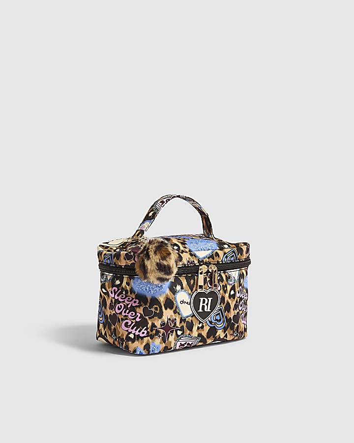 Girls Brown Leopard Graffiti Print Vanity Bag