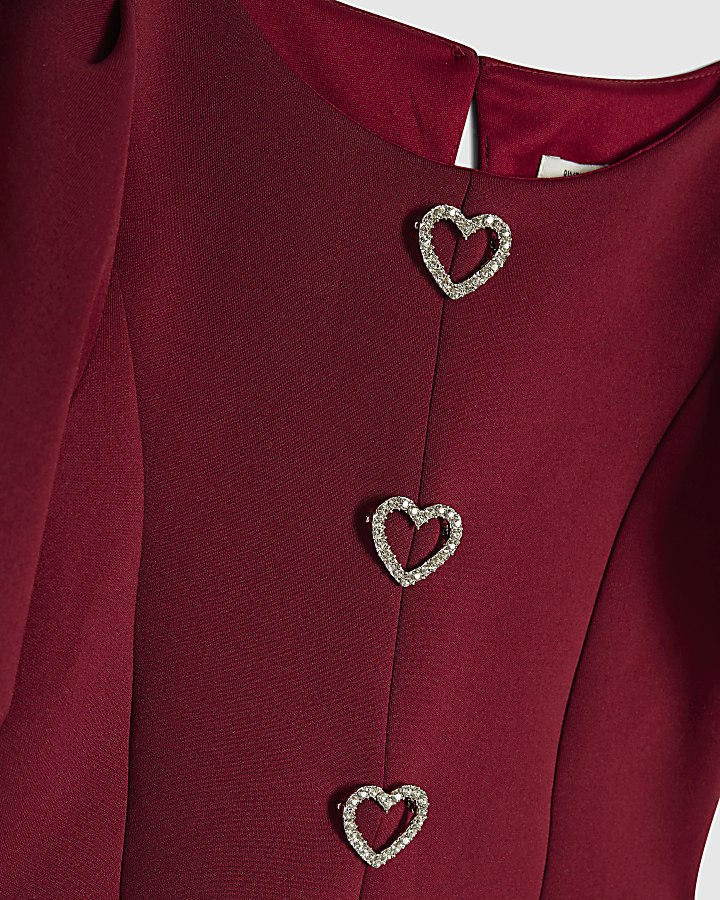 Girls Burgundy Premium Puff Sleeve Dress