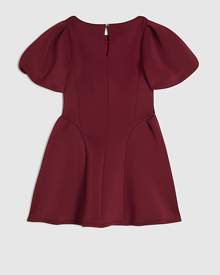 Girls Burgundy Premium Puff Sleeve Dress
