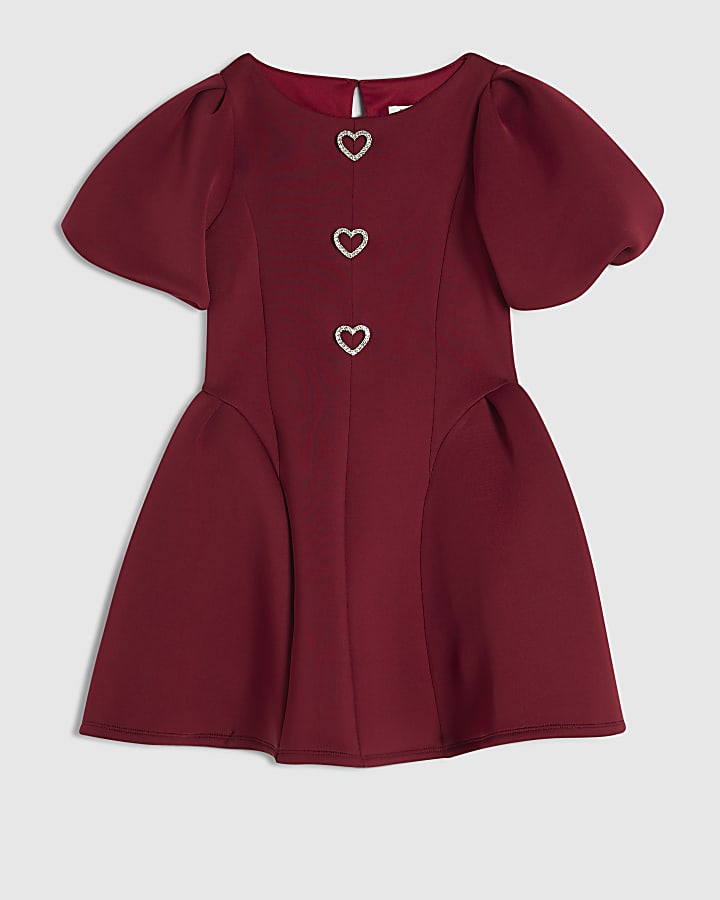 Girls Burgundy Premium Puff Sleeve Dress