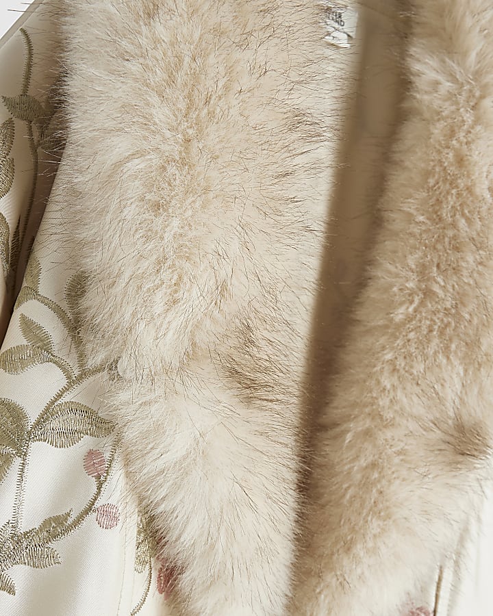 Girls Cream Floral Faux Fur Kimono