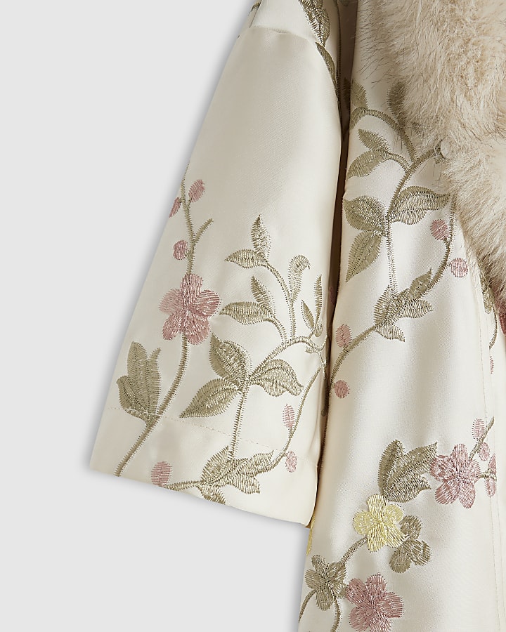 Girls Cream Floral Faux Fur Kimono