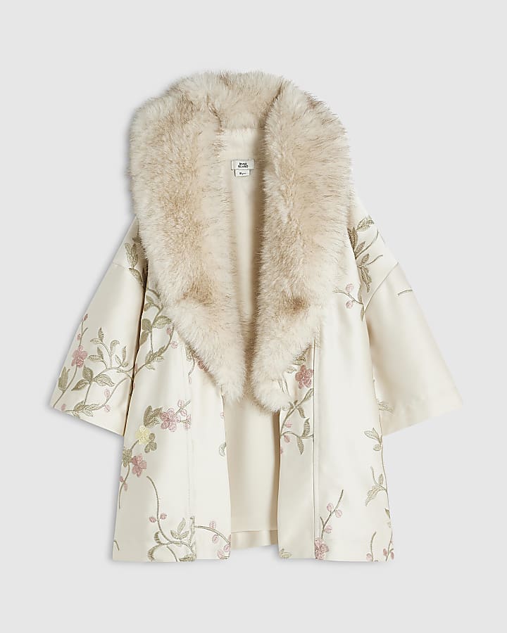 Girls Cream Floral Faux Fur Kimono