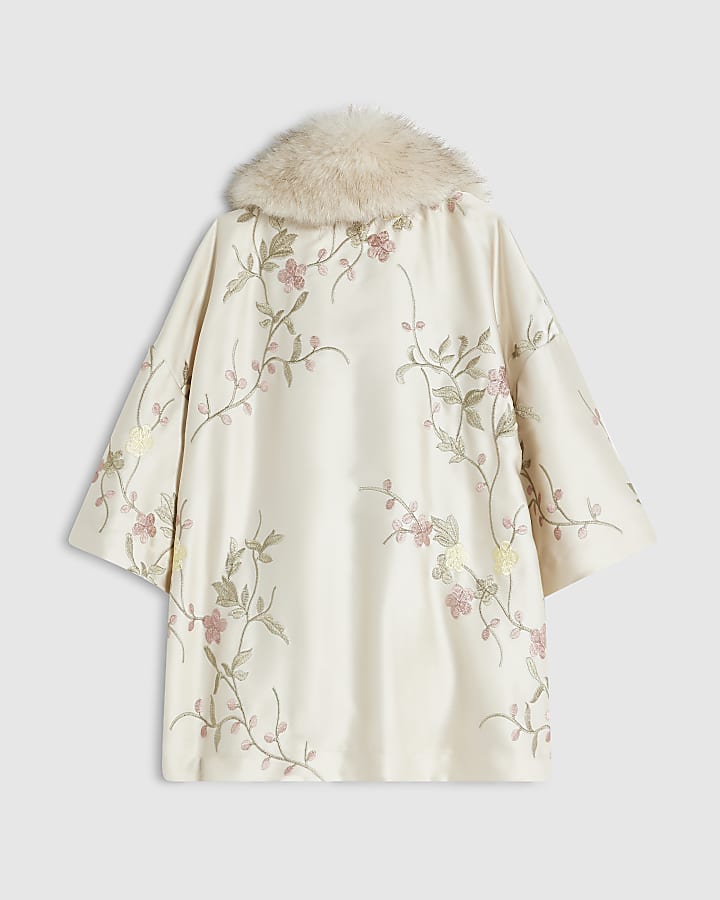 Girls Cream Floral Faux Fur Kimono