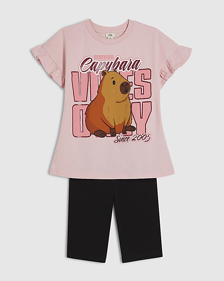 Girls Pink Capybara T-Shirt & Short Set