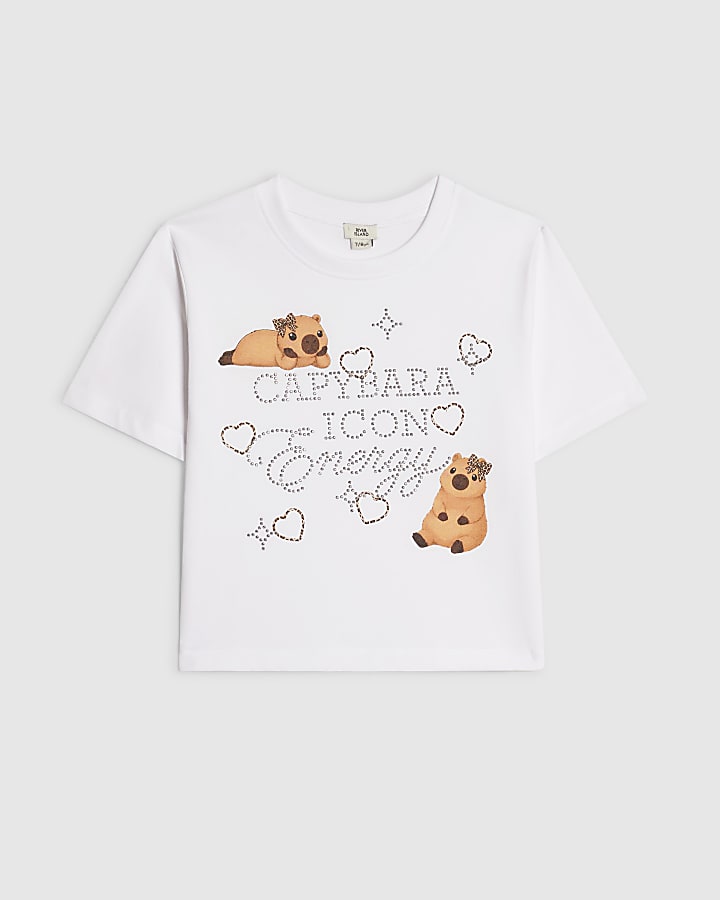 Girls White Embellished Capybara Icon Top
