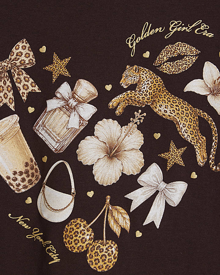 Girls Brown Leopard Boba Icon Heart T-Shirt