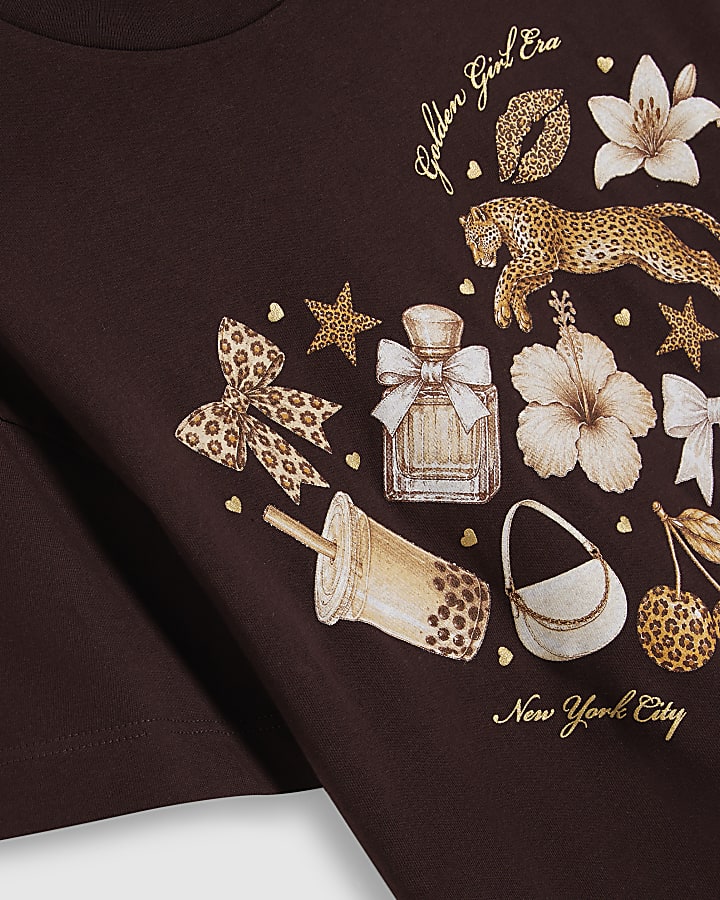 Girls Brown Leopard Boba Icon Heart T-Shirt