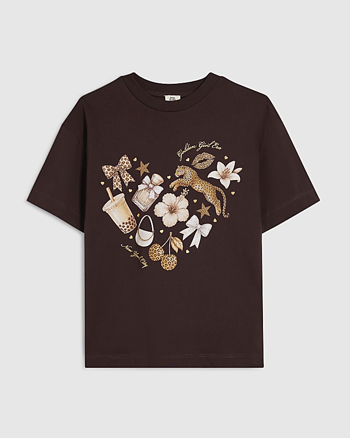 Girls Brown Leopard Boba Icon Heart T-Shirt