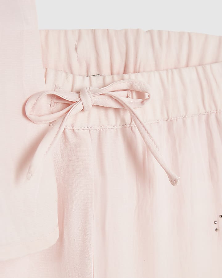 Girls Pink Embellished Satin Trousers Set