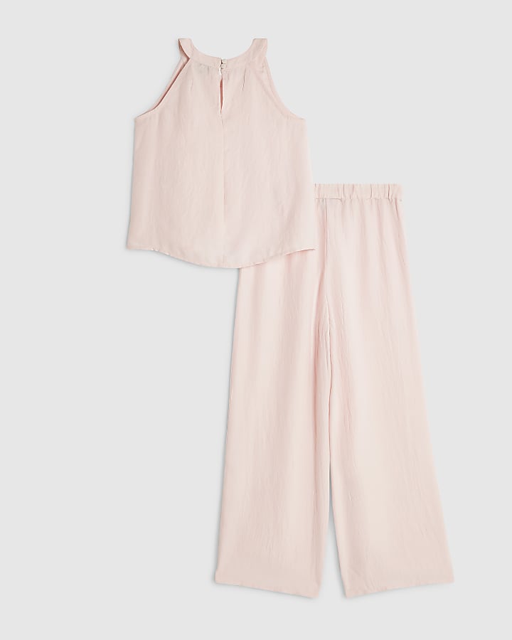 Girls Pink Embellished Satin Trousers Set