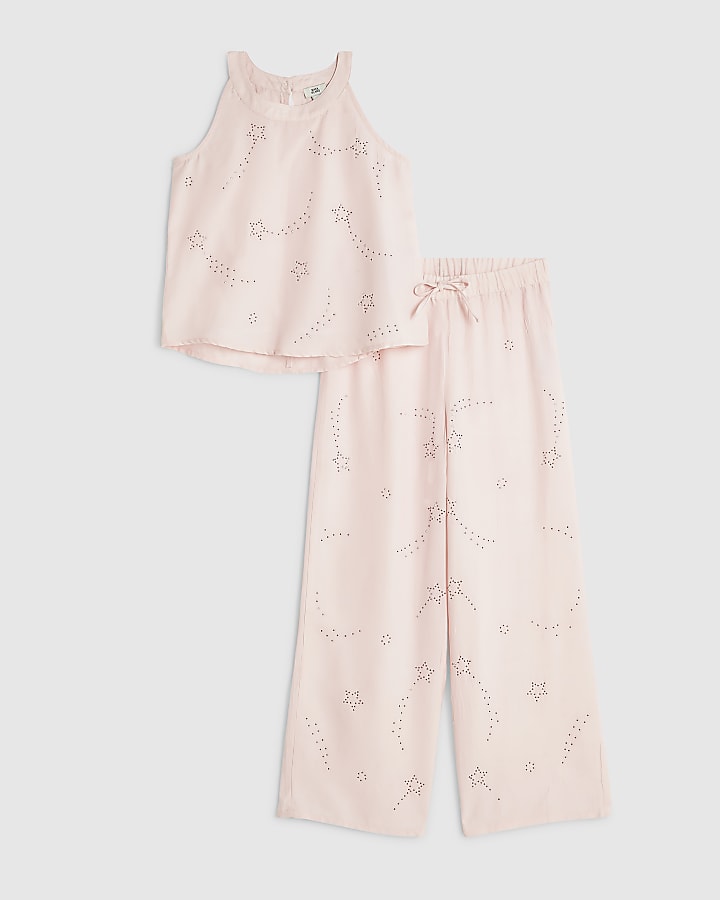 Girls Pink Embellished Satin Trousers Set