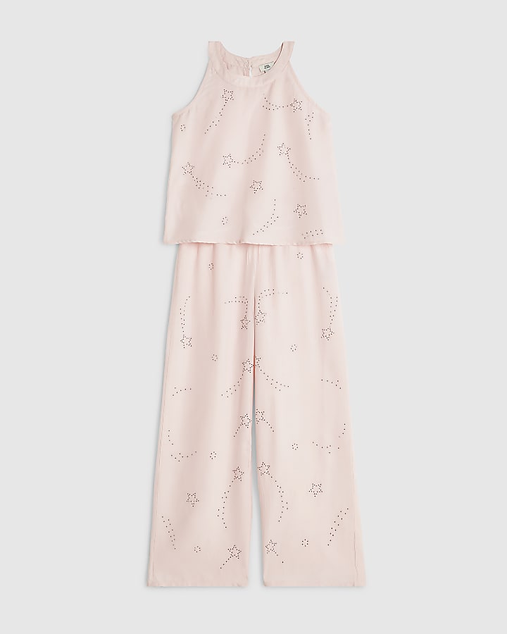 Girls Pink Embellished Satin Trousers Set
