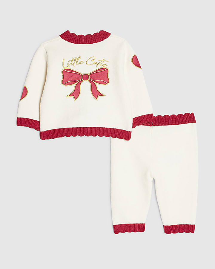 Baby Girls Cream Heart And Bow Cardigan Set