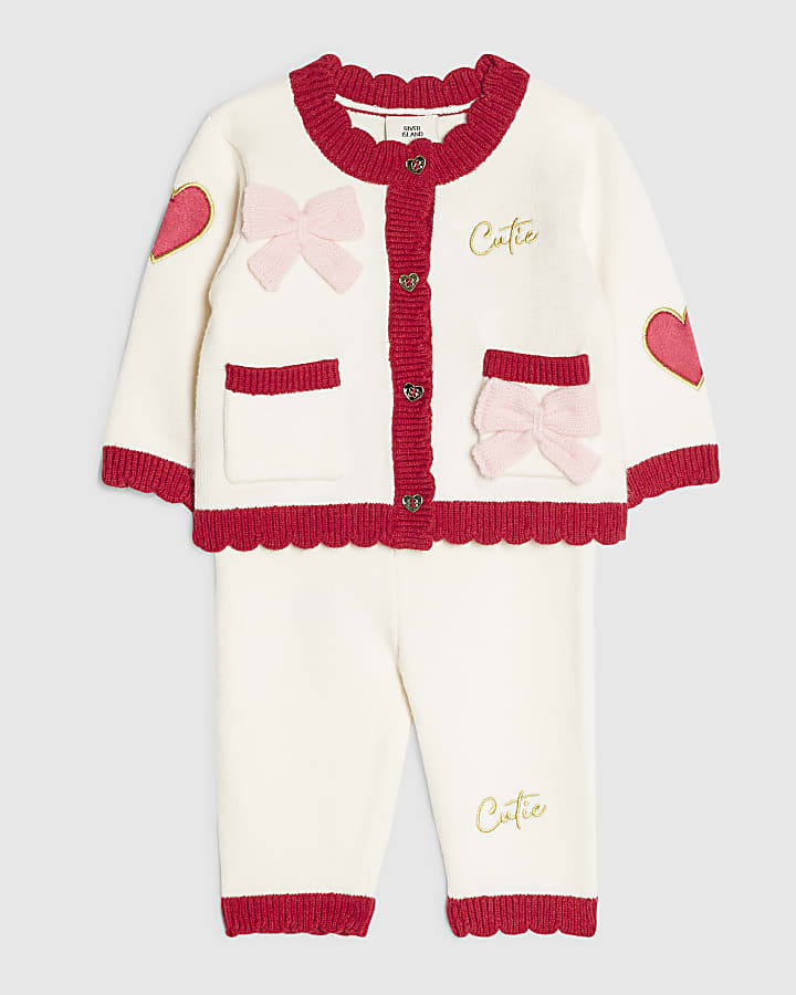 Baby Girls Cream Heart And Bow Cardigan Set