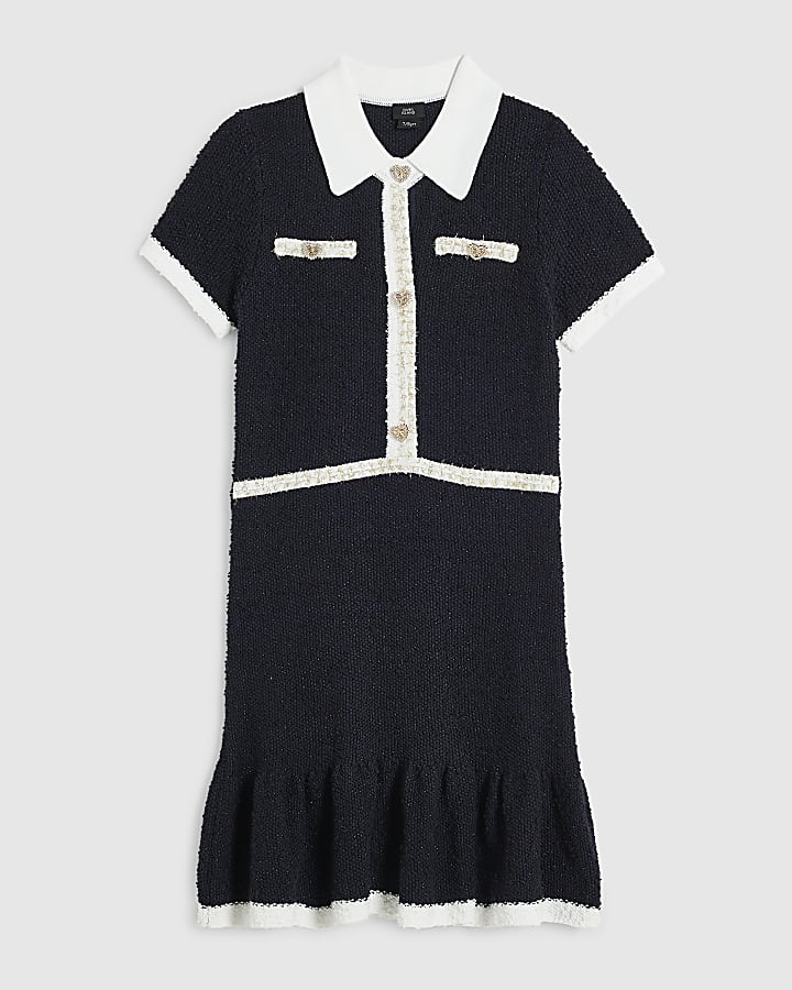 Girls Navy Boucle Knit Dress