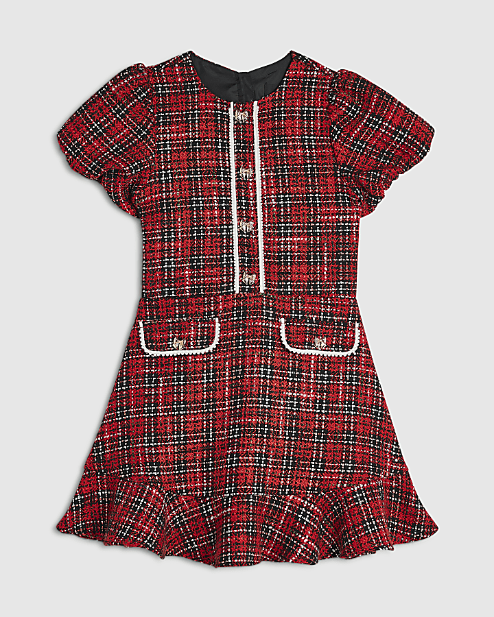 Girls Red Puff Sleeve Boucle Dress