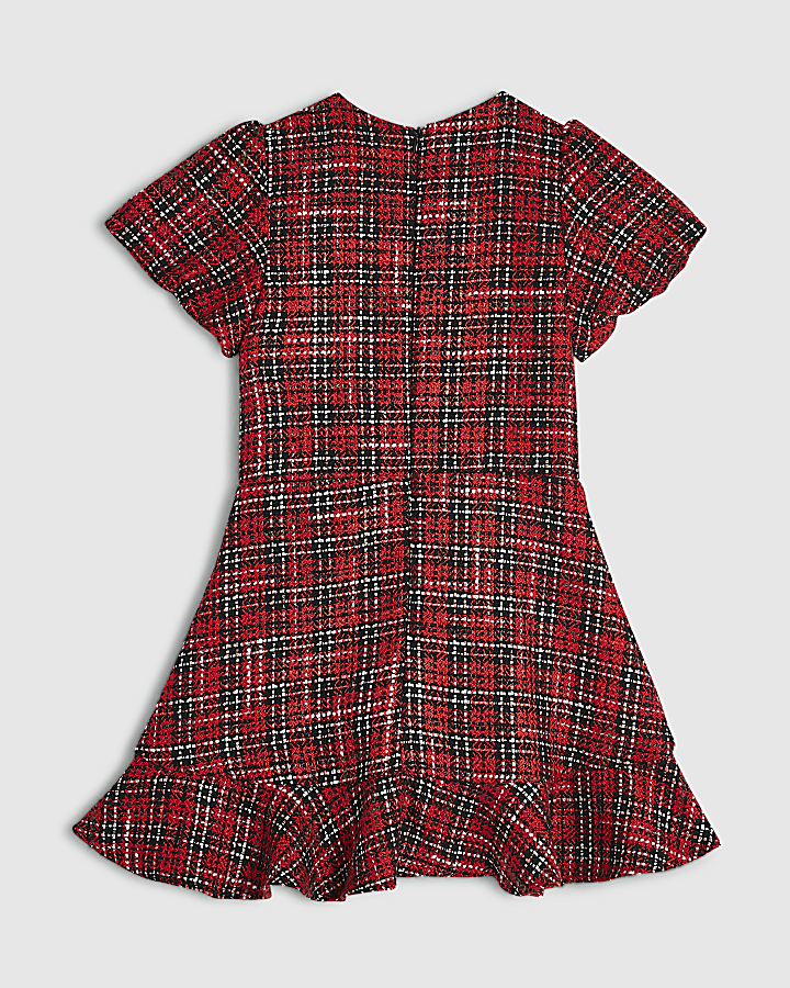 Girls Red Puff Sleeve Boucle Dress