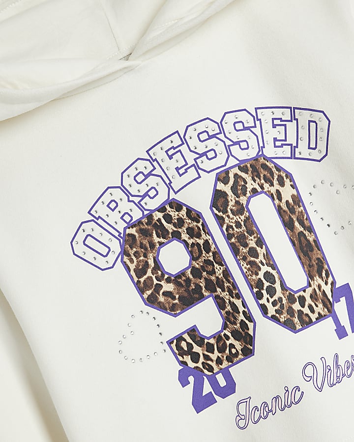 Girls Cream Leopard Print 90 Hoodie Set