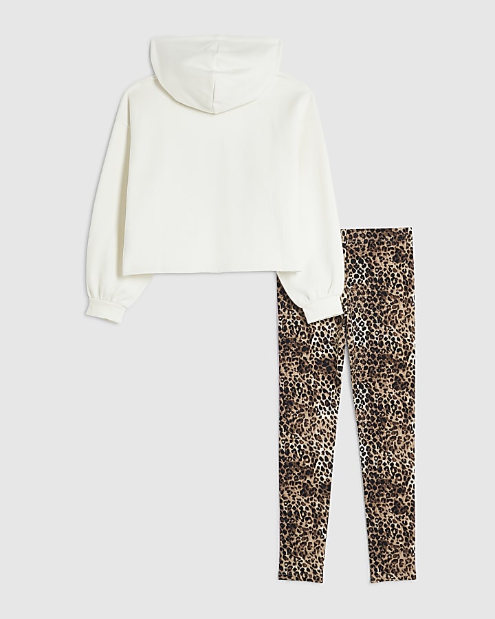 Girls Cream Leopard Print 90 Hoodie Set