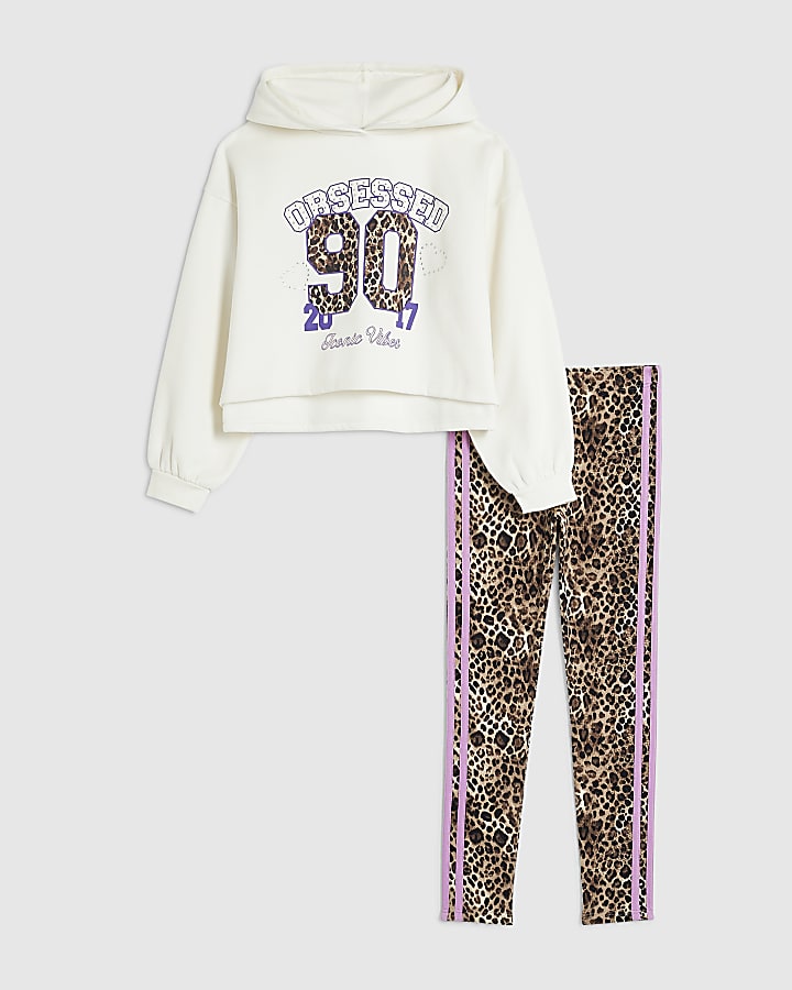 Girls Cream Leopard Print 90 Hoodie Set