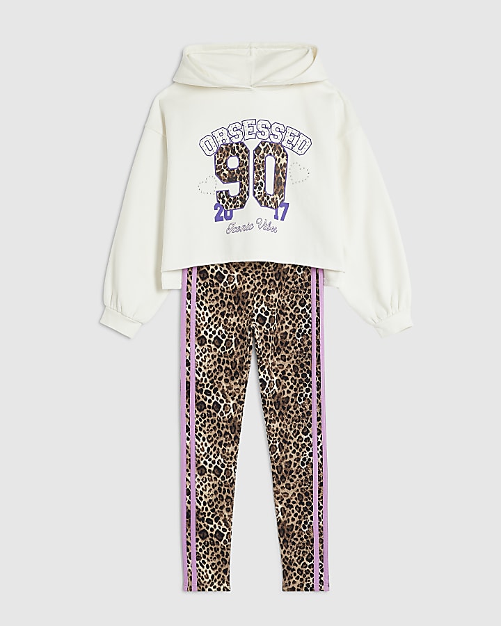 Girls Cream Leopard Print 90 Hoodie Set