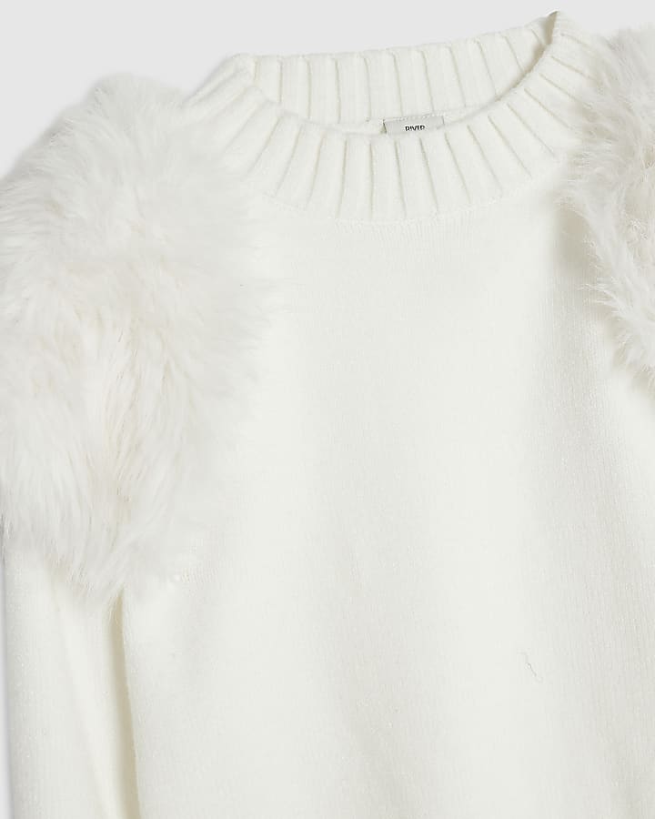 Girls Cream Faux Fur Shoulder Jumper