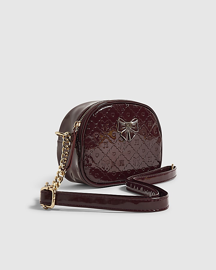 Girls Burgundy Patent Monogram Crossbody Bag