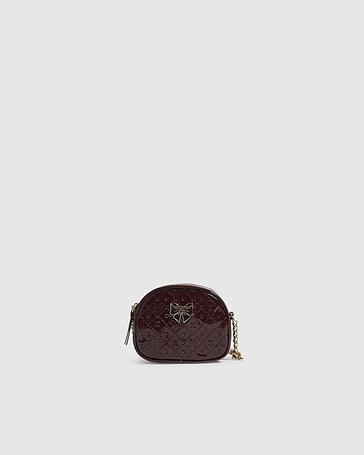 Girls Burgundy Patent Monogram Crossbody Bag
