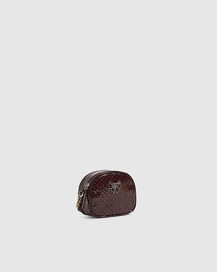 Girls Burgundy Patent Monogram Crossbody Bag