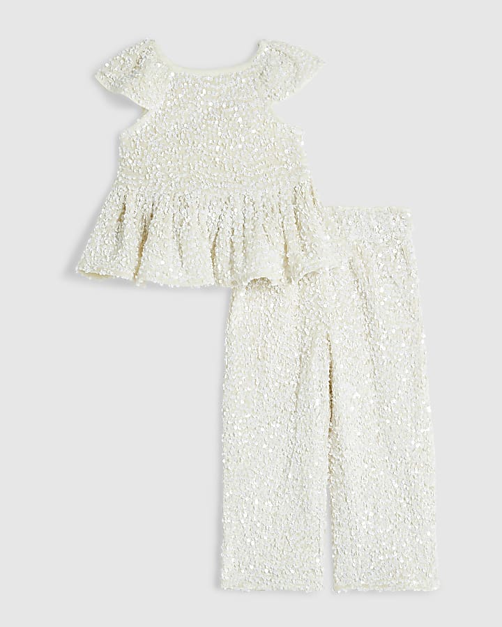 Mini Girls Cream Sequin Bow Peplum Set