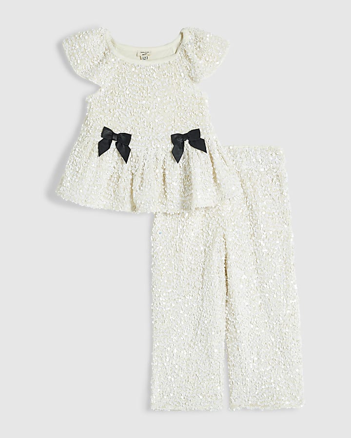 Mini Girls Cream Sequin Bow Peplum Set