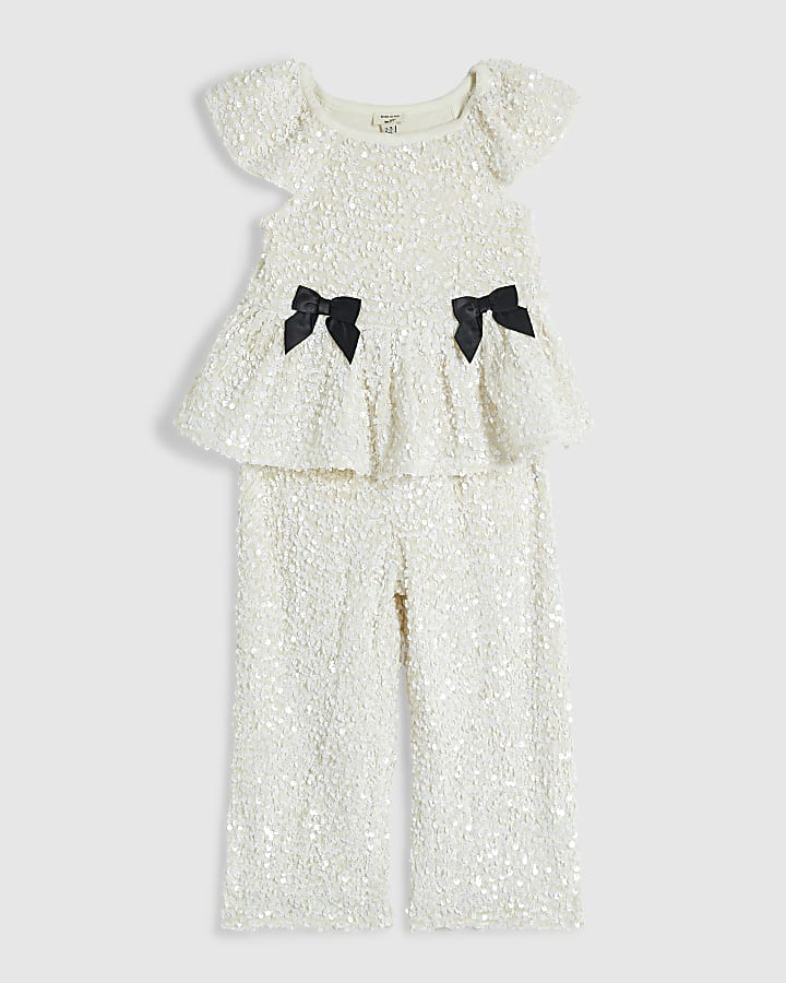 Mini Girls Cream Sequin Bow Peplum Set
