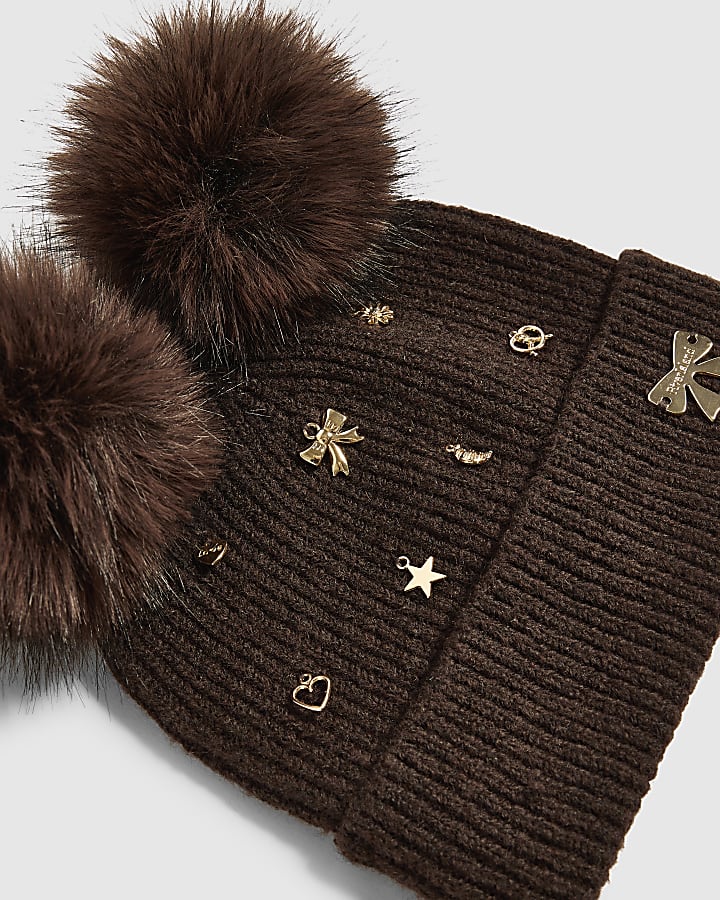 Girls Brown Multi Charm Beanie