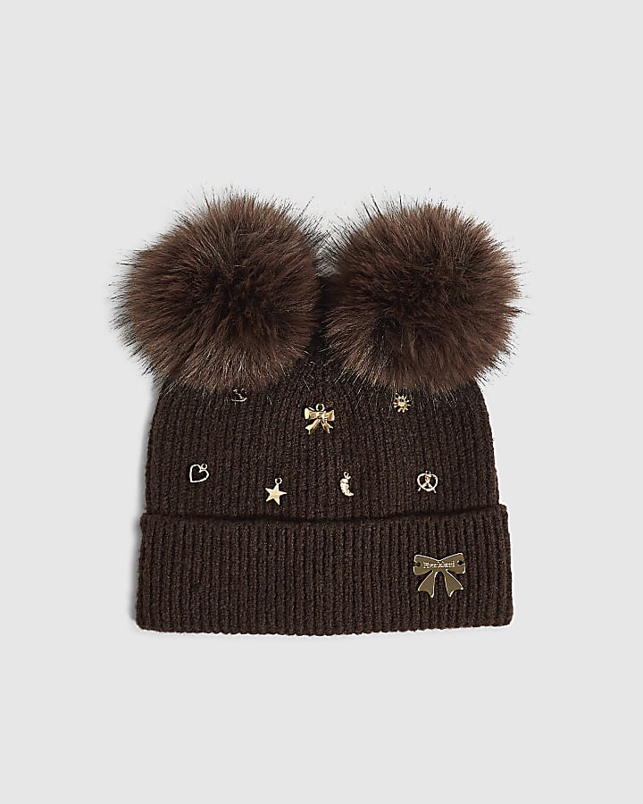 Girls Brown Multi Charm Beanie