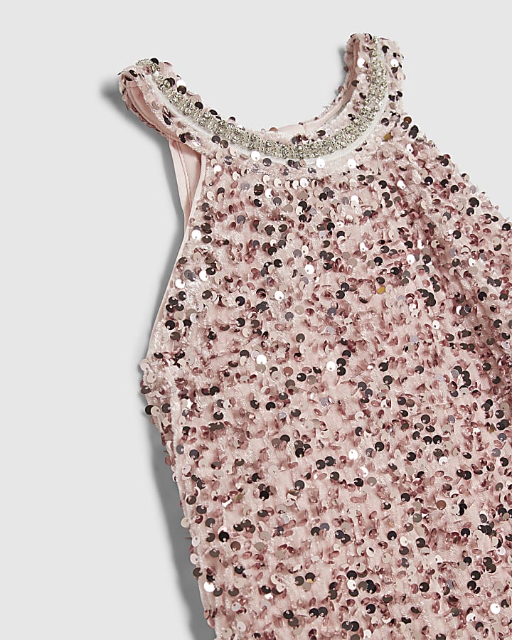 Girls Pink Halter Neck Sequin Dress