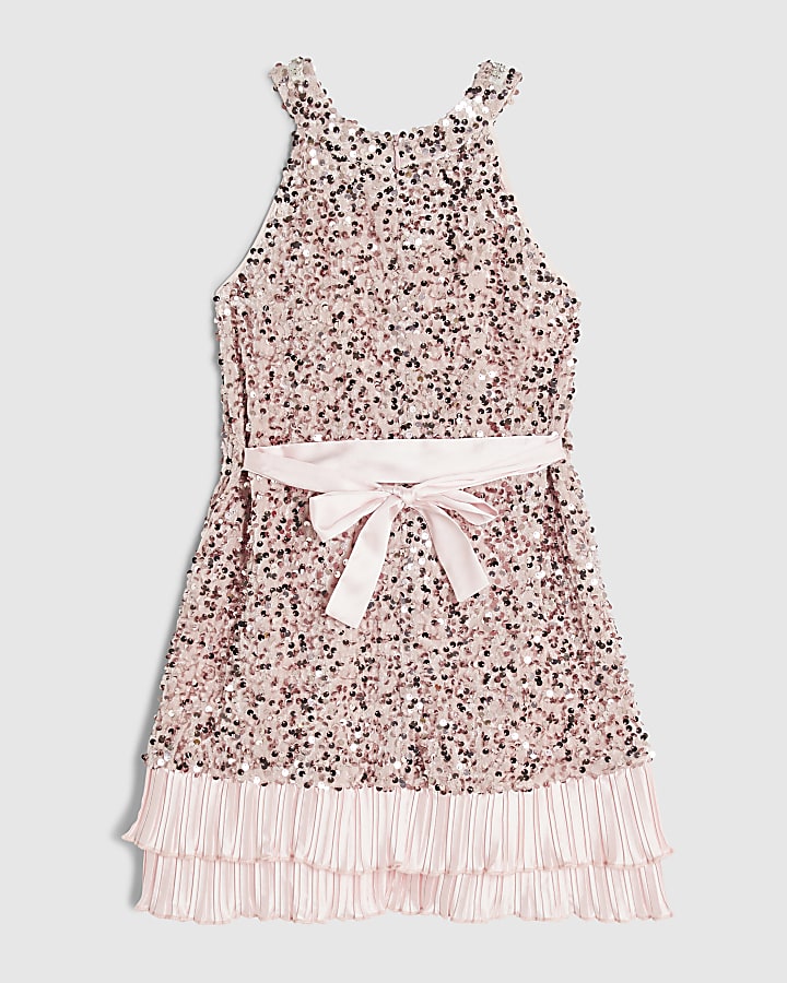 Girls Pink Halter Neck Sequin Dress