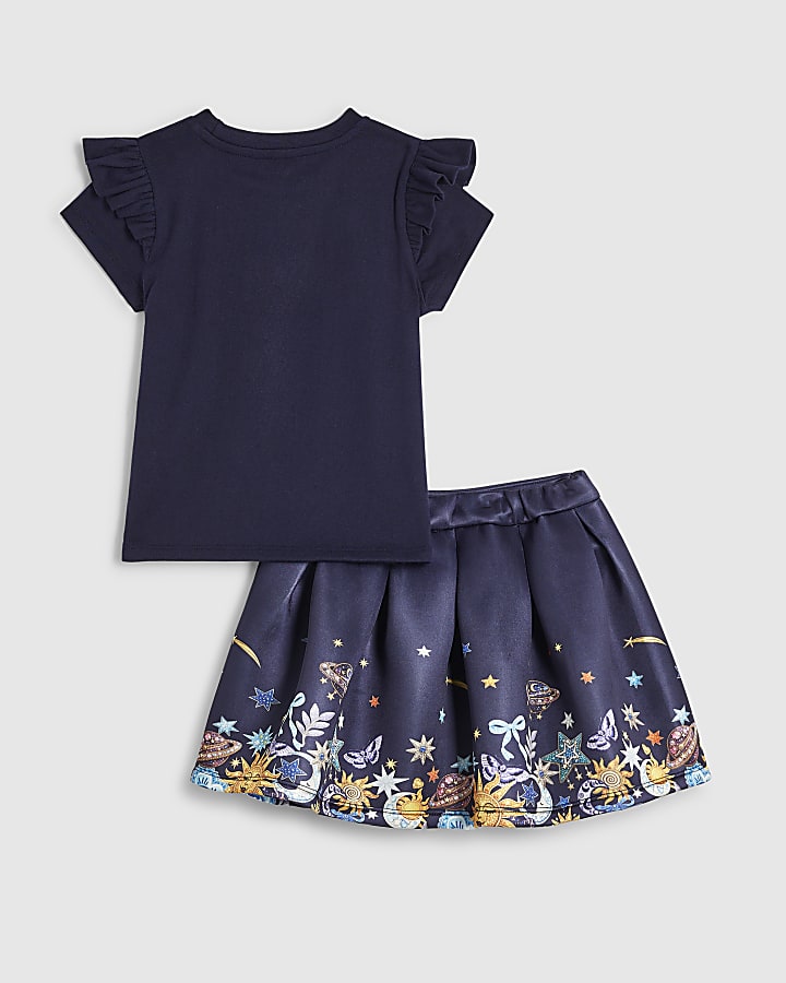Mini Girls Navy Star T-Shirt & Skirt Set