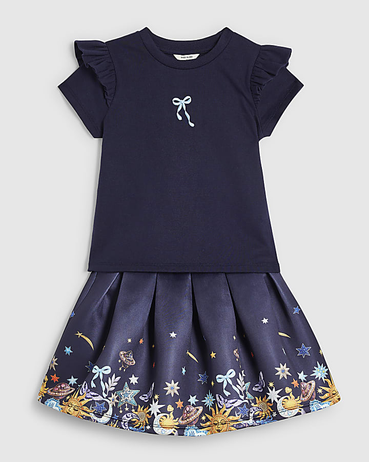 Mini Girls Navy Star T-Shirt & Skirt Set