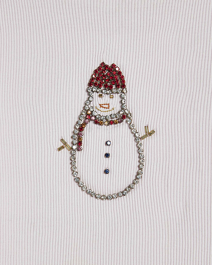 Girls Pink Diamante Snowman T-Shirt
