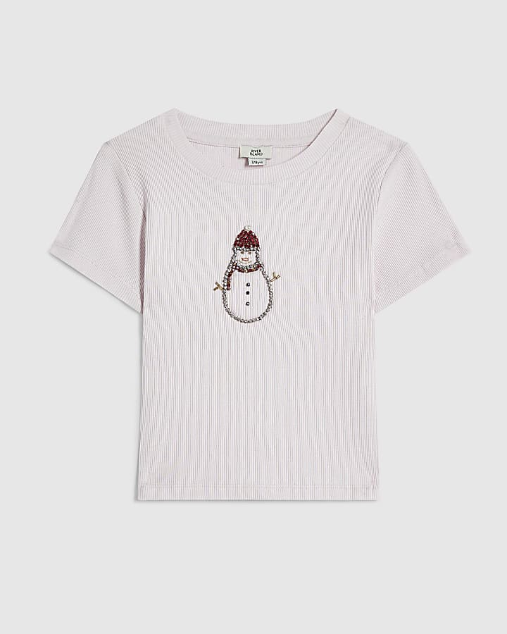 Girls Pink Diamante Snowman T-Shirt