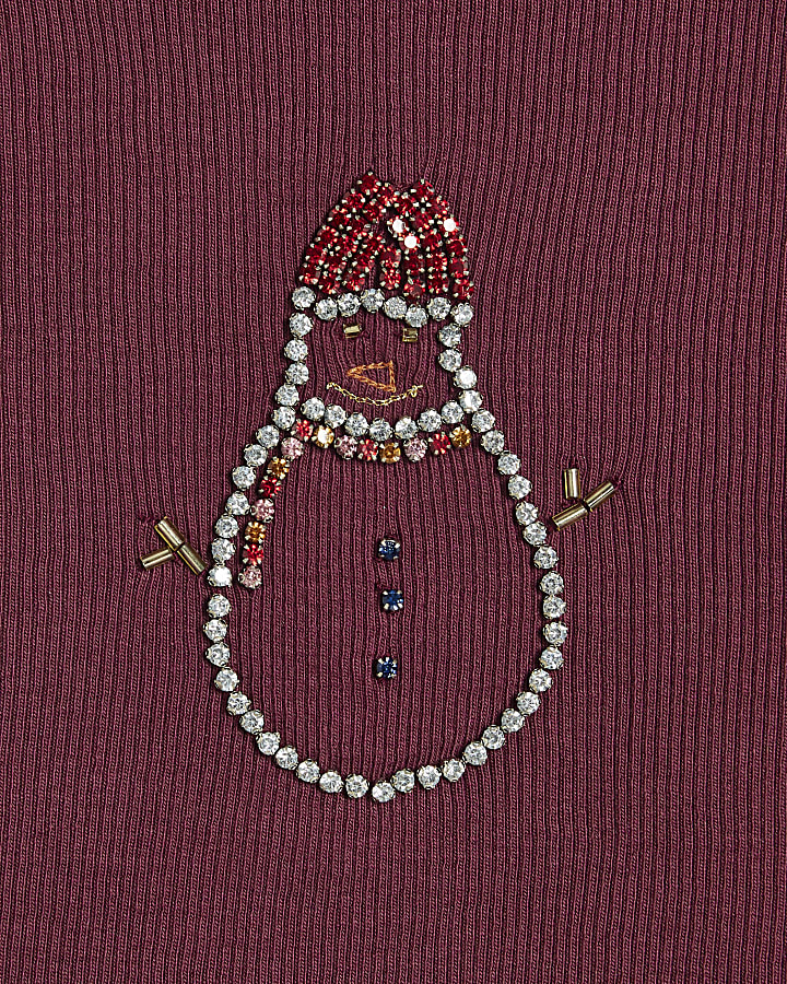 Girls Burgundy Snowman Diamante T-Shirt
